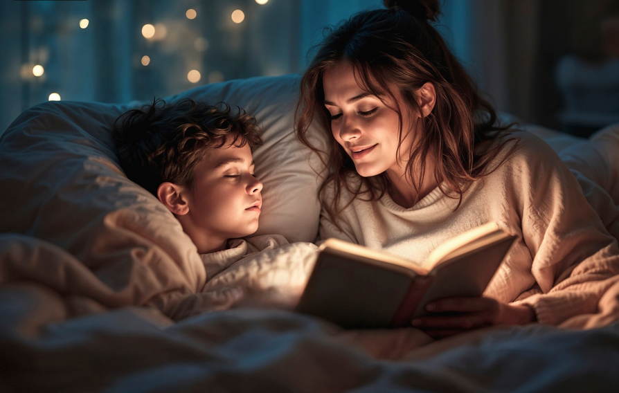 Mamă și copil citind împreună